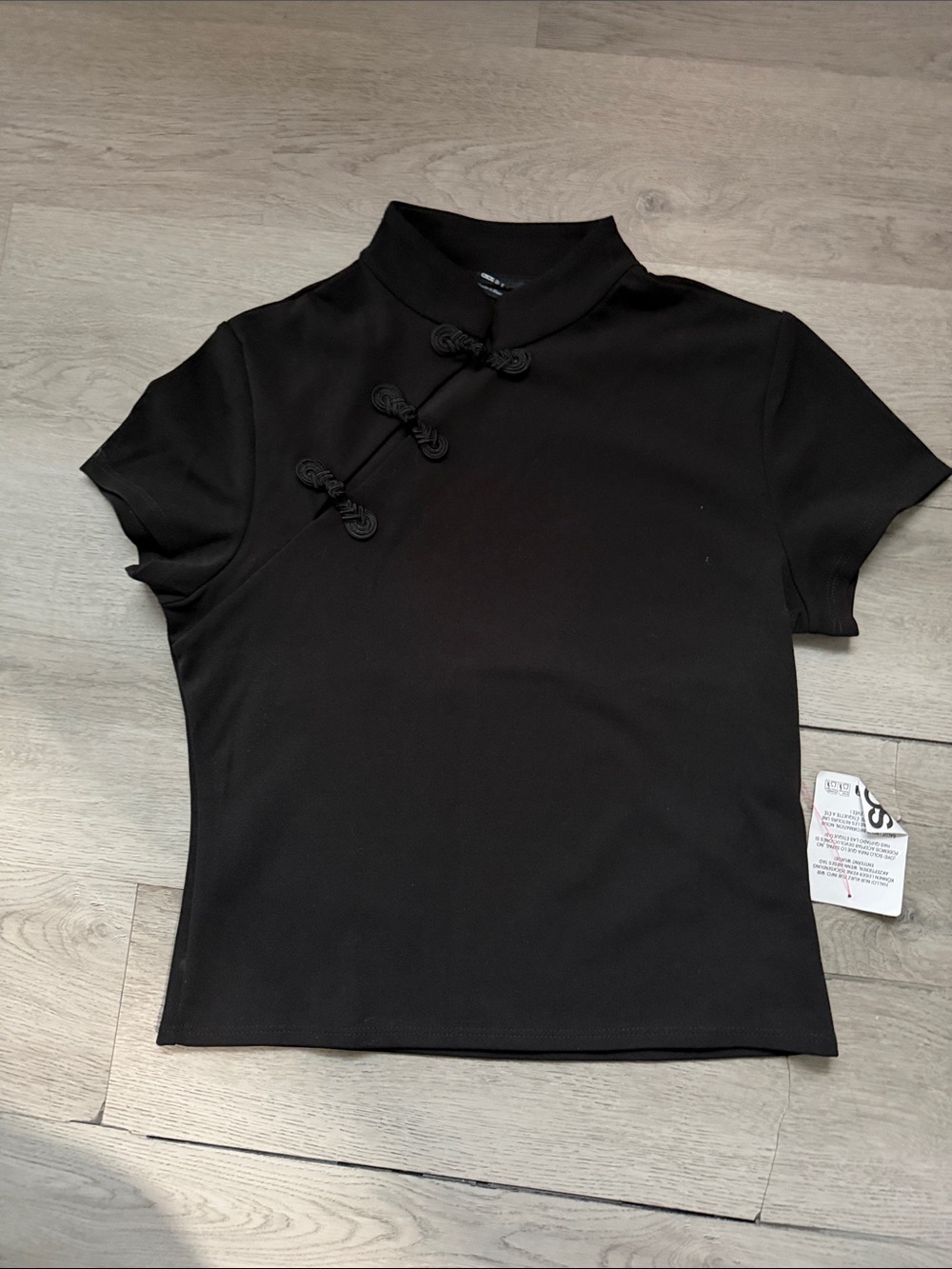 ASOS Black Short-Sleeve Mandarin Collar Top with Knot Closures
